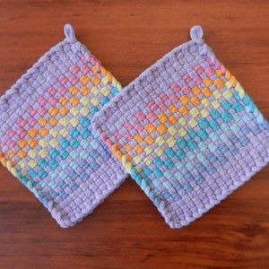 Set of 2 Handmade Artisan Rainbow Cotton Woven Loomed Potholders Hot PadsTrivets